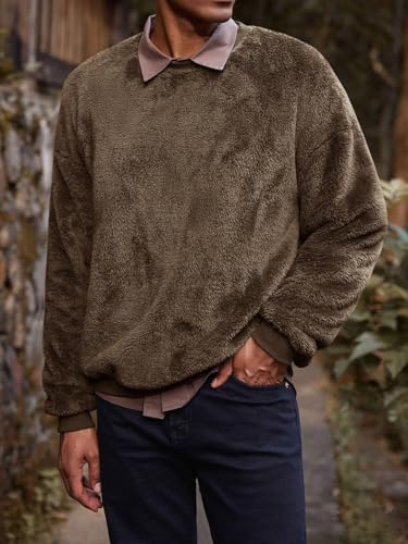 Mens Fuzzy Sherpa Sweatshirt Long Sleeve Fluffy Crew Neck Pullover Cozy Basic Unisex Fall Winter Warm Tops