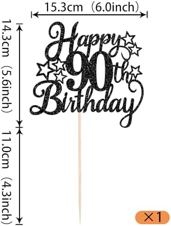 Rsstarxi 1 Pack Happy 90th Birthday Cake Topper Glitter 90th Birthday Cake Pick 90th Birthday Decorations for Men Women Cheer to 80th Anniversary Party Supplies Black