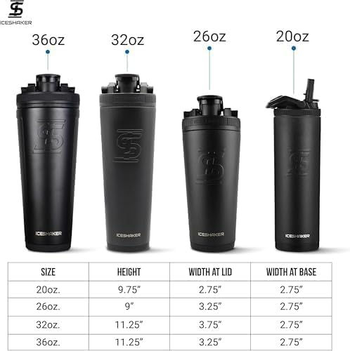 Ice Shaker Stainless Steel Shaker Bottle | 26oz, Blue Bomber | Stays Cold for 30+ Hours | Insulated Cup with Twist-on Agitator | Odor-Free Shaker Cup for Protein Shakes, Water, Smoothies, Cocktails