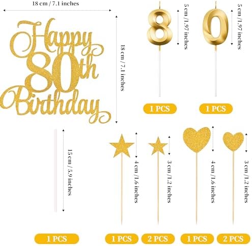 80th Birthday Cake Decorations, 80th Birthday Candles Cake Numeral Candles and Glitter Happy 80th Birthday Cake Toppers Set for Birthday Party Supplies (Gold)