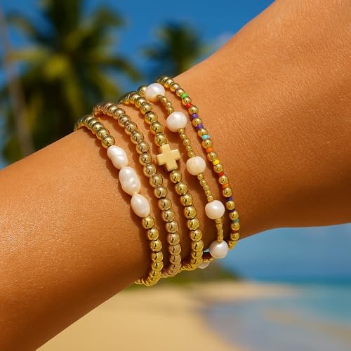 14K Gold Pearl Beaded Cross Bracelets Stack Set for Women,Stretch Boho Colorful Christian Beads Ball Jewelry Trendy Gift