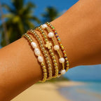 14K Gold Pearl Beaded Cross Bracelets Stack Set for Women,Stretch Boho Colorful Christian Beads Ball Jewelry Trendy Gift
