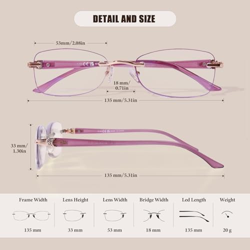 Rimless Reading Glasses for Women, Rectangle Blue Light Blocking Readers With Tinted Edge