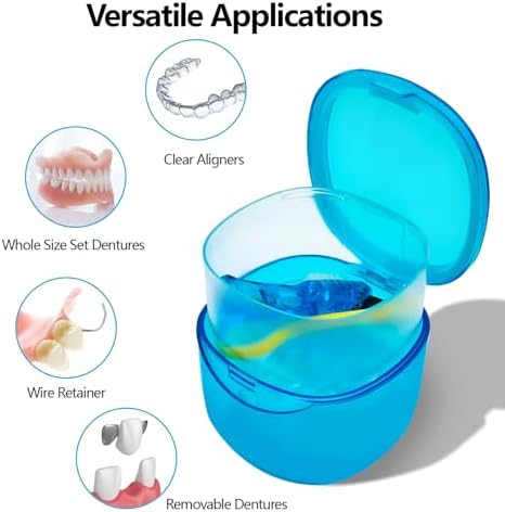 Denture Bath Case Denture Soaking Container with Lid Leak Proof, False Teeth Holder Mouthguard Storage Box Retainer Soaking Case - Transparent Blue