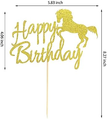 Horse Happy Birthday Cake Topper, Horse Racing Theme Birthday Party Decoration for Boys Girls Men Women, Kids Birthday Party Decoration Supplies-Gold Glitter