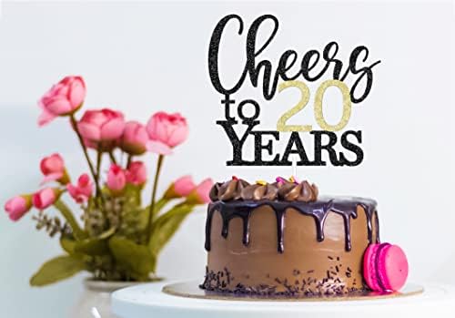 LOVENJOY Cheers to 20 Years Cake Toppers for Happy 20th Birthday Anniversary Cake Decorations, Dual-Side Glitter Black and Gold