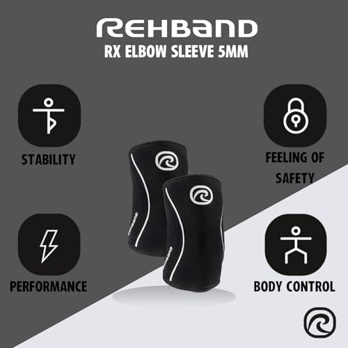Rehband Elbow 5mm Compression Sleeve, Neoprene Elbow Sleeves for Weightlifting, Anatomical Design, Non-Slip & Close Fitting, Elbow Support Unisex, Colour:Black - 1 Pair, Size:Large