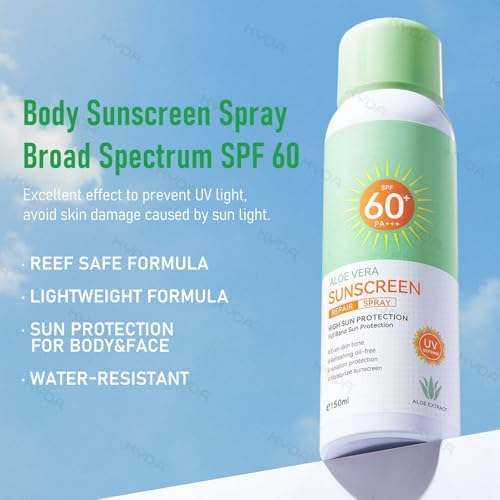 KYDA Aloe Sunscreen Spray SPF 60 PA+++, Moisturizing Suncreen with Skincare Formula, Water Resistant, Non-Greasy UV Protection for Face & Body, 5.07 fl oz