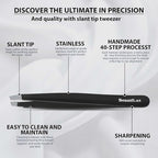 Premium Slant Tip Eyebrow Tweezer (Black), Stainless Steel Precision Tweezers for Men & Women, Facial Hair Removal with Leather Case