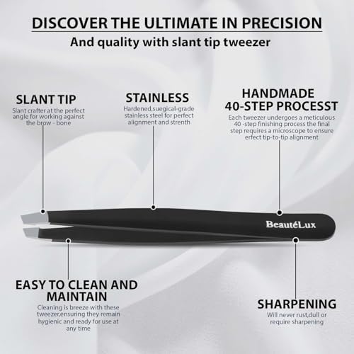 Premium Slant Tip Eyebrow Tweezer (Black), Stainless Steel Precision Tweezers for Men & Women, Facial Hair Removal with Leather Case
