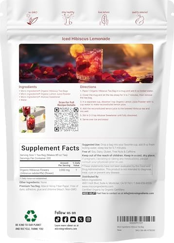 Organic Hibiscus Tea Bags, 200 Count | Premium Source from Hibiscus Flowers | Caffeine Free Herbal Tea | Eco-Friendly Hemp Paper Tea Bags | Non-GMO, No Sugar