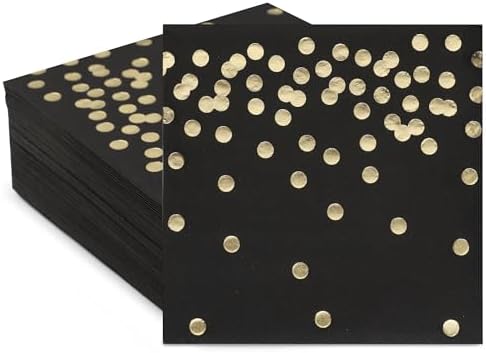 80 Pack of White Paper Cocktail Napkins with Gold Foil Polka Dot Confetti，Polka Dot Party Supplies(5 x 5 in，3-ply) (Black)