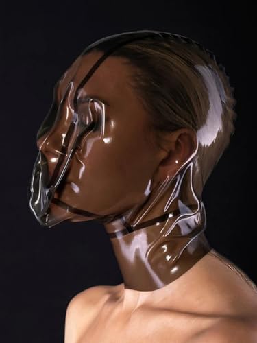 Latex Hood with Breathing Bag and Holes, Transparent Brown Full Face Mask with Zipper for Cosplay Halloween Party