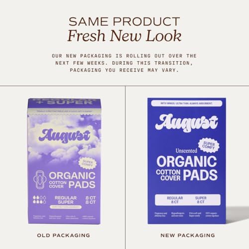 August Menstrual Day & Night Organic Cover Pads, 48-Pack Regular, 48-Pack Super Pads, Compostable Wrappers, Hypoallergenic Organic Cover Sanitary Napkins for Anyone Who Menstruates (6 Boxes of 16)
