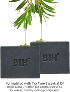 BIH Activated Charcoal Soap, 2 Pack Cold Process Black Soap Bar with Tea Tree Essential Oil, Gentle Detoxifying, Soothing Skin, Removes Excess Oil & Odor Control – Gifts for Men & Women (3.5oz Each)