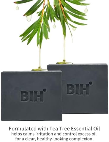 BIH Activated Charcoal Soap, 2 Pack Cold Process Black Soap Bar with Tea Tree Essential Oil, Gentle Detoxifying, Soothing Skin, Removes Excess Oil & Odor Control – Gifts for Men & Women (3.5oz Each)