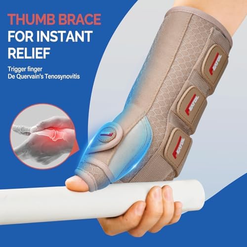 FEATOL Carpal Tunnel Wrist Brace Night Support, Thumb Spica Splint Left Hand for De Quervains Tenosynovitis, Tendonitis, Thumb Brace for Women Men, Beige, Small/Medium