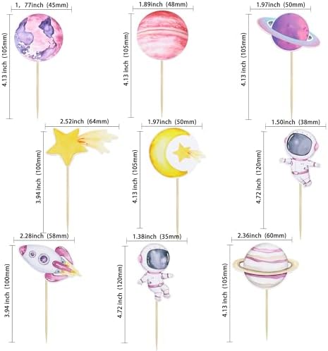 Ephlyn 36Pcs Space Astronaut Cupcake Toppers Space Girl Moon Star Rocket Planet Cupcake Toppers Earth Planet Cupcake Picks Space Theme Gender Reveal Birthday Shower Party Supplies Pink