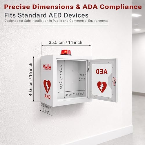 Steel AED Cabinet Kit | Wall Mount Box with Alarm & Strobe Light | Turnkey Solution Includes 3D Sign, Inspection Tags & Security Seals | Universal Fit (16" H x 14" W x 8" D)