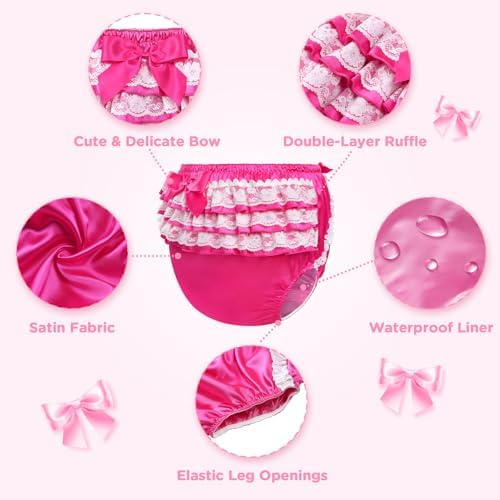 Littleforbig Washable Ruffled Lace Bow Pretty in Rose Satin Over Diaper Cover XXL