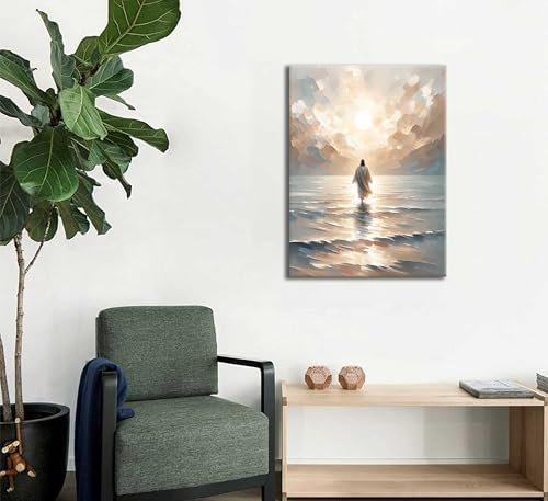 Jesus Walking on Water Canvas Wall Art Jesus Christian Posters Prints Sacred God Walking on Ocean Beach Painting Pictures for Living Room Bedroom Bathroom Office Wall Decor Framed