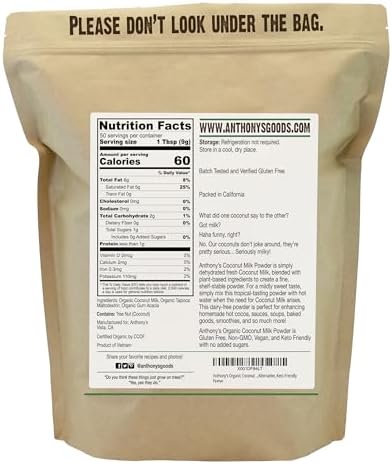 Anthony's Organic Coconut Milk Powder, 1 lb, Gluten Free, Vegan & Dairy Free, Creamer Alternative, Keto Friendly