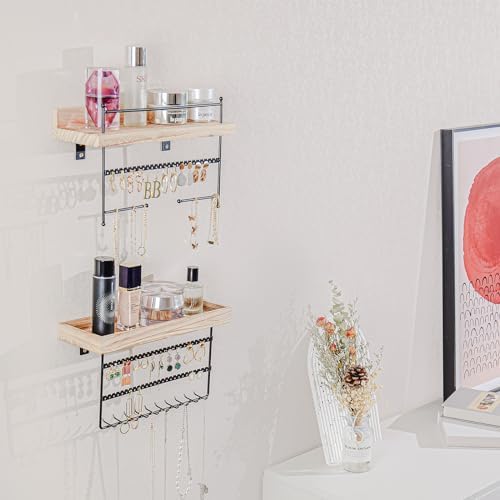 Lolalet Hanging Jewelry Organizer Wall Mount with Earrings, Bracelets, Necklaces Hooks - Easy Install Free Combination Jewelry Holder for Wall Bathroom - Set of 2, Black
