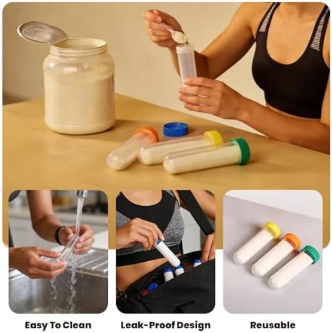 Protein Powder Travel Container Set 12 Pack – 8x50ml & 4x100ml Leak Proof Reusable Supplement Powder Container to Go with Funnel & Labels, Portable Gym Protein Storage for Fitness, Work, Travel