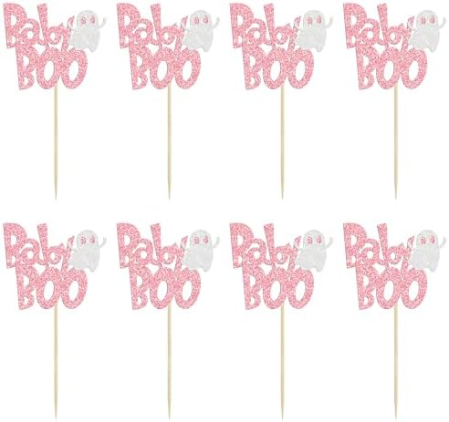 24Pcs Halloween Baby Boo Cupcake Toppers Pink Glitter Spooky Little Boo Ghost Cupcake Picks for Halloween Theme Baby Shower Kids Boys Girls Birthday Party Cake Decorations Supplies