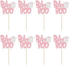 24Pcs Halloween Baby Boo Cupcake Toppers Pink Glitter Spooky Little Boo Ghost Cupcake Picks for Halloween Theme Baby Shower Kids Boys Girls Birthday Party Cake Decorations Supplies