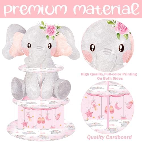 Elephant Cupcake Stand 3-Tier Pink Elephant Cake Cupcake Holder Elephant Baby Shower Decoration for Girls Elephant Theme Birthday Party Baby Shower Party Supplies