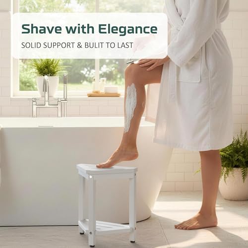Shower Foot Rest 14in, HDPE Waterproof Shower Stool for Inside Shower, Corner Shower Stool for Shaving Legs with Storage Shelf, Shower Step Stool for Small Space, Plastic Corner Shower Bench, White
