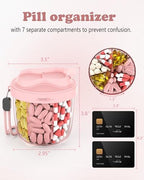Pill Organizer with 7 Compartments, Pill Dispenser Case for Holding 7 Different Vitamins, Anti-Mix Design for Easy Medication Retrieval. Travel Pill Organizer with 20 Labels. Pill Container-Pink
