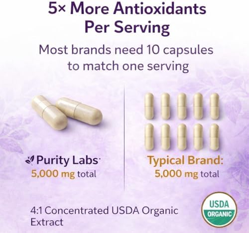 Purity Labs Trans-Resveratrol Supplement 5,000 mg Equivalent per Serving with Quercetin, USDA Organic High Potency Antioxidant, Vegan Capsules, 90 Count