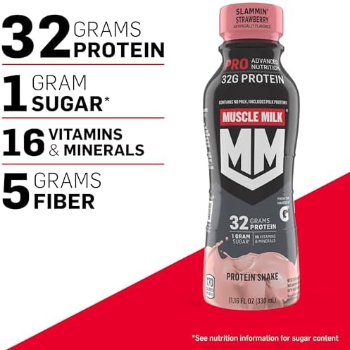 Muscle Milk Pro Advanced Nutrition Protein Shake, Slammin' Strawberry, 11.16 Fl Oz (Pack of 12), 32g Protein, 1g Sugar, 16 Vitamins & Minerals, 5g Fiber, Bottled Liquid, Gluten Free