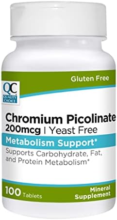 Quality Choice Chromium Picolinate 200 mcg for Support of Carbohydrates, Protein, and Fat Processing. 100 Tablets. Free of Preservatives, Artificial Flavors & Gluten.