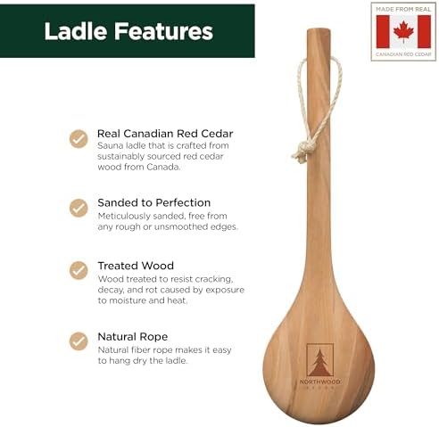 Northwood Sauna - Sauna Ladle - Handmade from Canadian Red Cedar Wood - Natural Rope - 14″ Handle & 3.4 oz (100 mL) Capacity Spoon