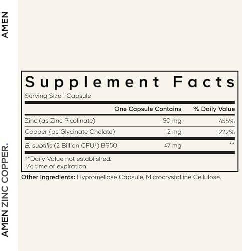 Amen Zinc & Copper Supplement + Probiotics, 3 Months Supply, One Per Day - 50 mg Zinc Picolinate Vitamin Pills - Essential Minerals Supplements – 2 Billion CFUs Probiotic – Vegan, Non-GMO, 90 Capsules