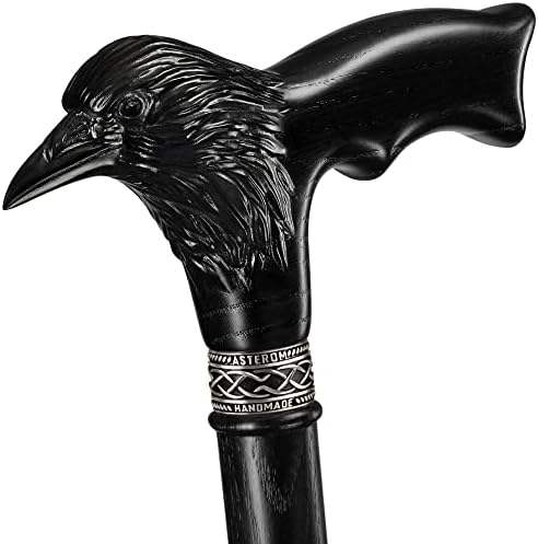 Asterom Handmade Wooden Carved Walking Cane for Men and Women - Raven - Stylish Walking Stick Gothic Crow Cane