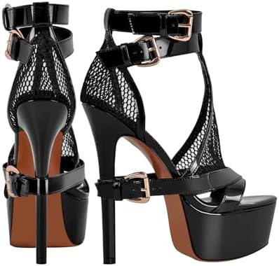 Women's High Stiletto Heels Platform Mesh Buckle Open Toe Ankle Strap Dress Shoes Sandals