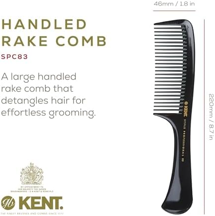 Kent SPC83 Black Salon-Style Barber Comb and Dressing Cutting Detangler with Wide Teeth - Professional Barber Wide Tooth Comb for Styling for Medium and Thick. Ergonomic Grip for Daily Use.