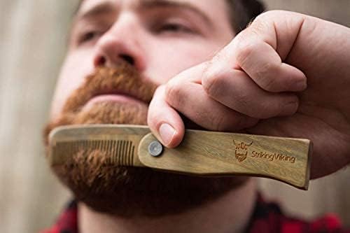 Striking Viking Folding Wooden Comb for Men - Sandalwood Switchblade Beard Comb for Grooming and Styling - Use Dry or With Oils & Balms