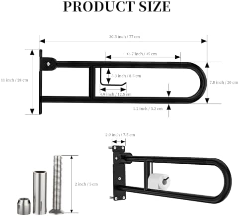 Toilet Grab Bar 30.3 Inch, YuanDe Flip Up Grab Bar with Paper Holder,Matte Black Anti-Slip Safety Bars for Toilet, Stainless Steel Knurled Toilet Handles for Seniors Disabled Elderly Pregnant