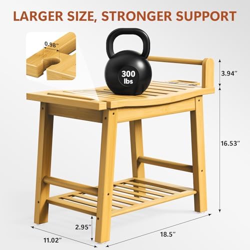 Bamboo Shower Benches for Inside Shower to Sit on, 2-Tier Shower Stool Waterproof with Arm, Heavy Duty Bathroom Bench with Storage Shelf and Shower Header Holder for Seniors, Disabled, Women, Natural