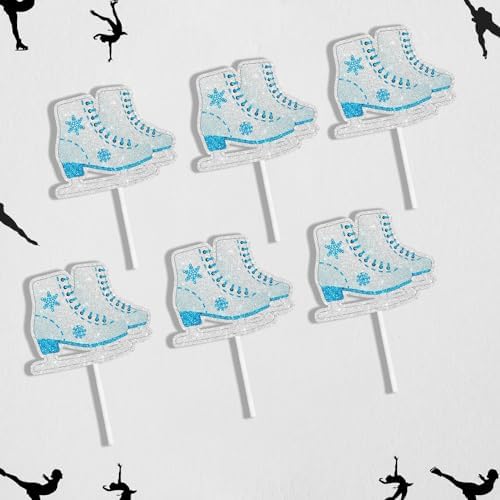 Ice Skating Cupcake Toppers 18-Piece Snowflake Themed Happy Birthday Decoration, Ice Skating Themed Birthday Party for Boys and Girls, Baby Shower or Kids Retro Ice Skating Party Decoration. SugarGera