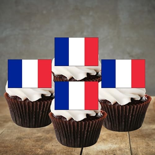 24 French Flag Edible Cupcake Toppers, France Flags, Edible Cake Decorations, Flags Of The World Cake Decor, Eurovision Party Decor, Paris Theme Patriotic Decorations