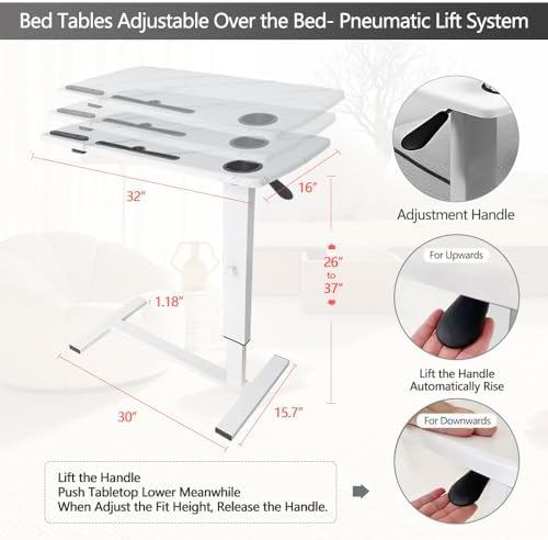 BeGyoku Overbed Table,Hospital Bed Table,Pneumatic Bedside Table Adjustable Over The Bed with Hidden Wheels&USB,Mobile Laptop Cart&Rolling Tray Table Hospital Home Use-White1
