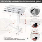 BeGyoku Overbed Table,Hospital Bed Table,Pneumatic Bedside Table Adjustable Over The Bed with Hidden Wheels&USB,Mobile Laptop Cart&Rolling Tray Table Hospital Home Use-White1