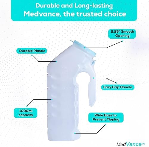 MedVance- Urinals for Men 1000ml with Glow in The Dark Spill Proof Pop Cap Lid, Plastic Pee Bottles for Men, Male Urinals, Pee Container Men, Portable Urinal for Car, Elderly & Incontinence (4 Pack)