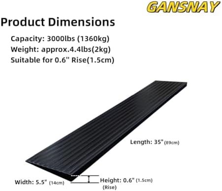0.6" Rise Threshold Ramps for Doorways, Driveways, Heavy Duty Solid Rubber 3000lbs Capacity, Non-Slip & Cuttable Handicap Ramp for Wheelchairs, Scooters, Strollers, Curbs- 0.6″Rise (35″×5.5″)